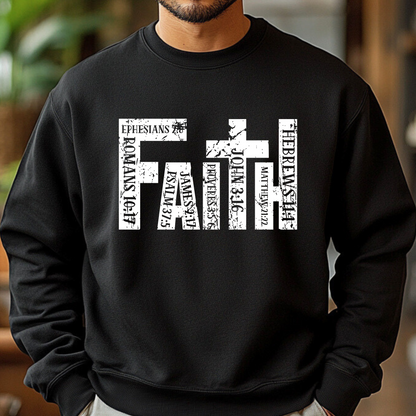A man wearing a white crewneck sweatshirt with the word 'FAITH' and Bible verses in black text.