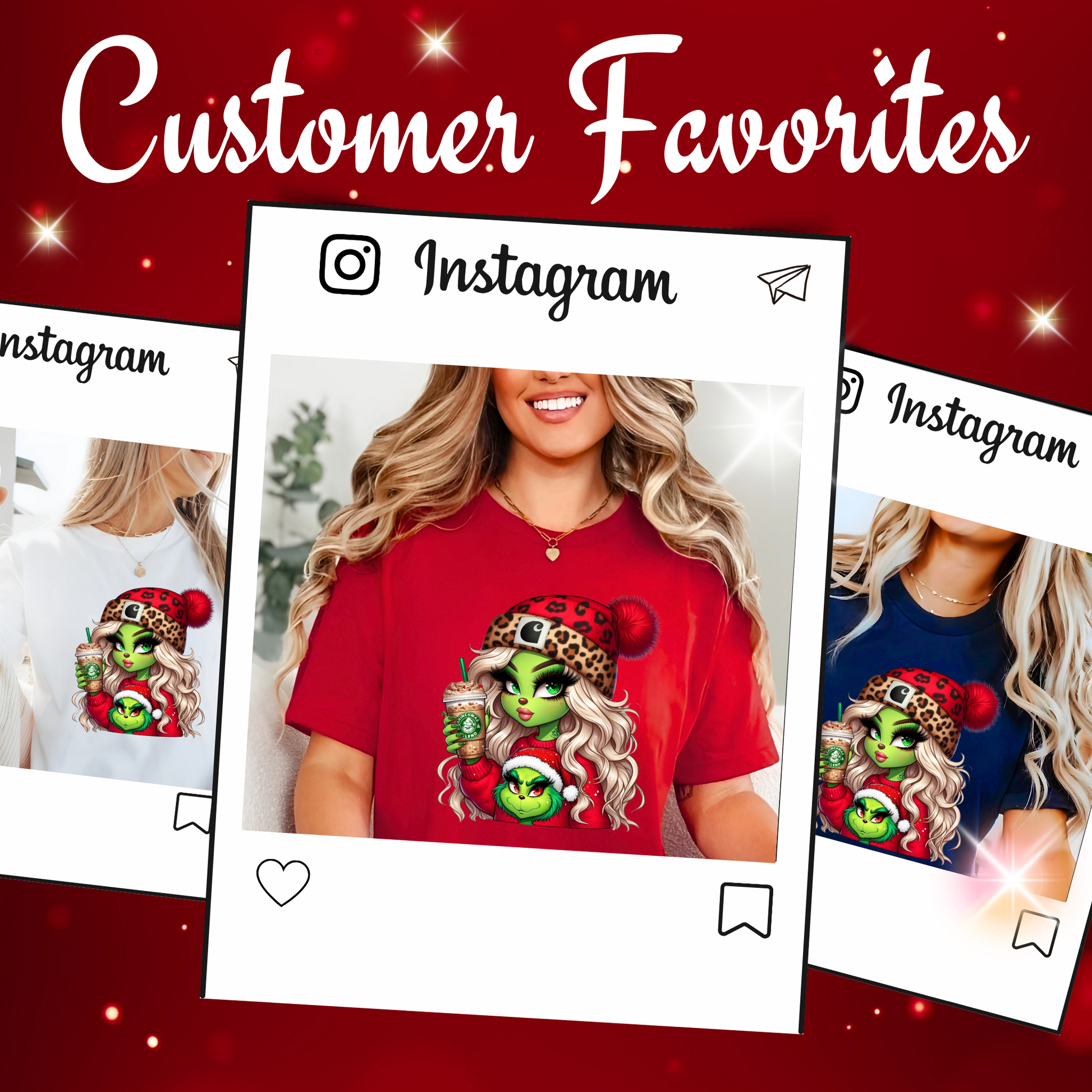 Customer favorites Instagram-style product collage with red, white, and navy Green girl designs

