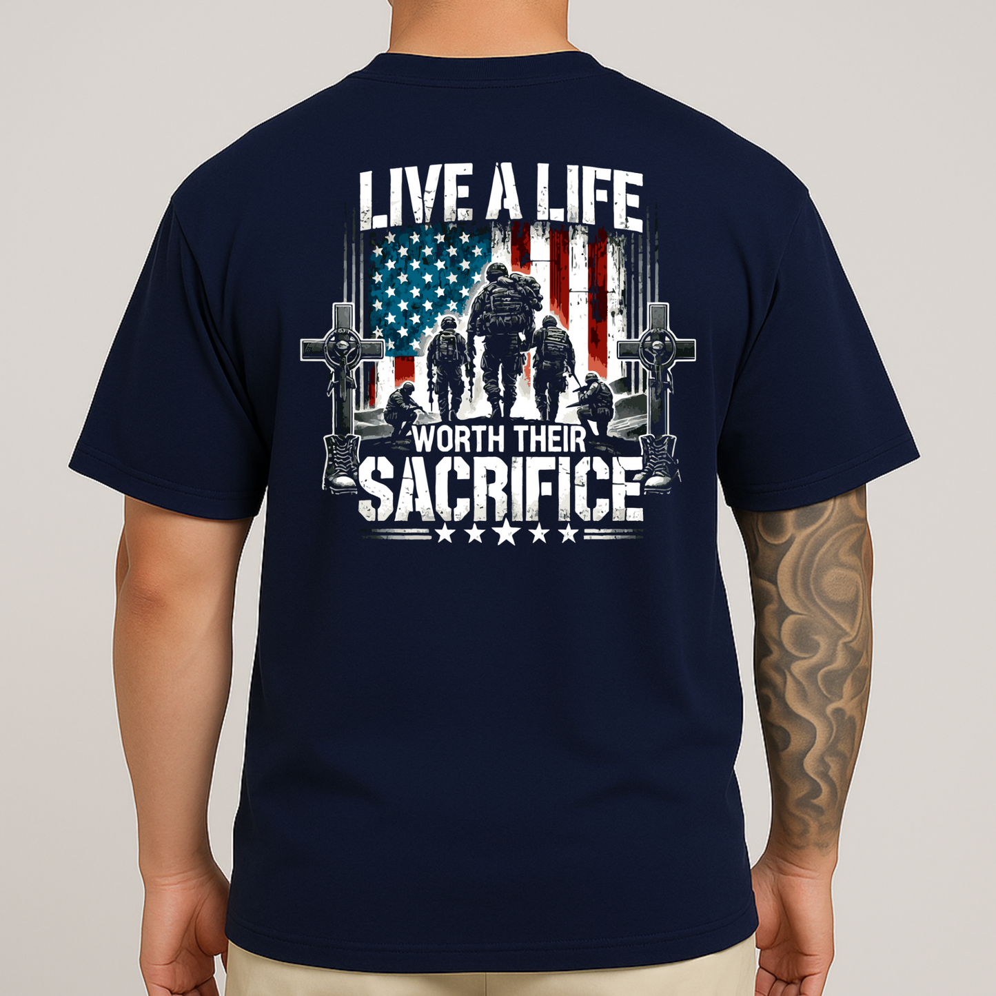 Live a Life Worth Their Sacrifice Men's T-Shirt – Front Pocket & Full Back Patriotic Military
