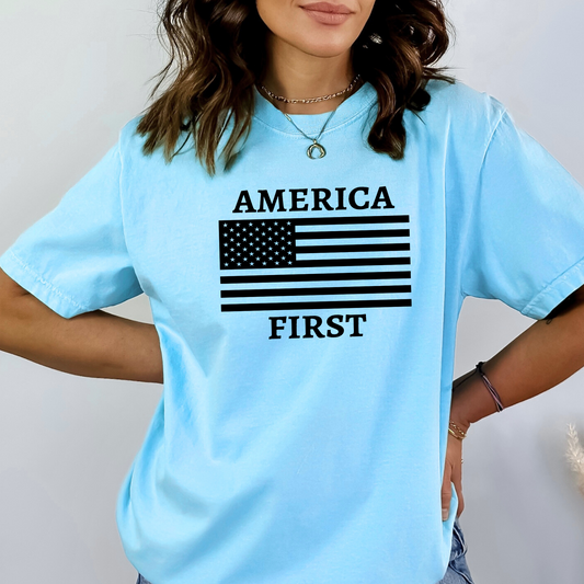 America First Flag Shirt – Patriotic Unisex Tee for Women