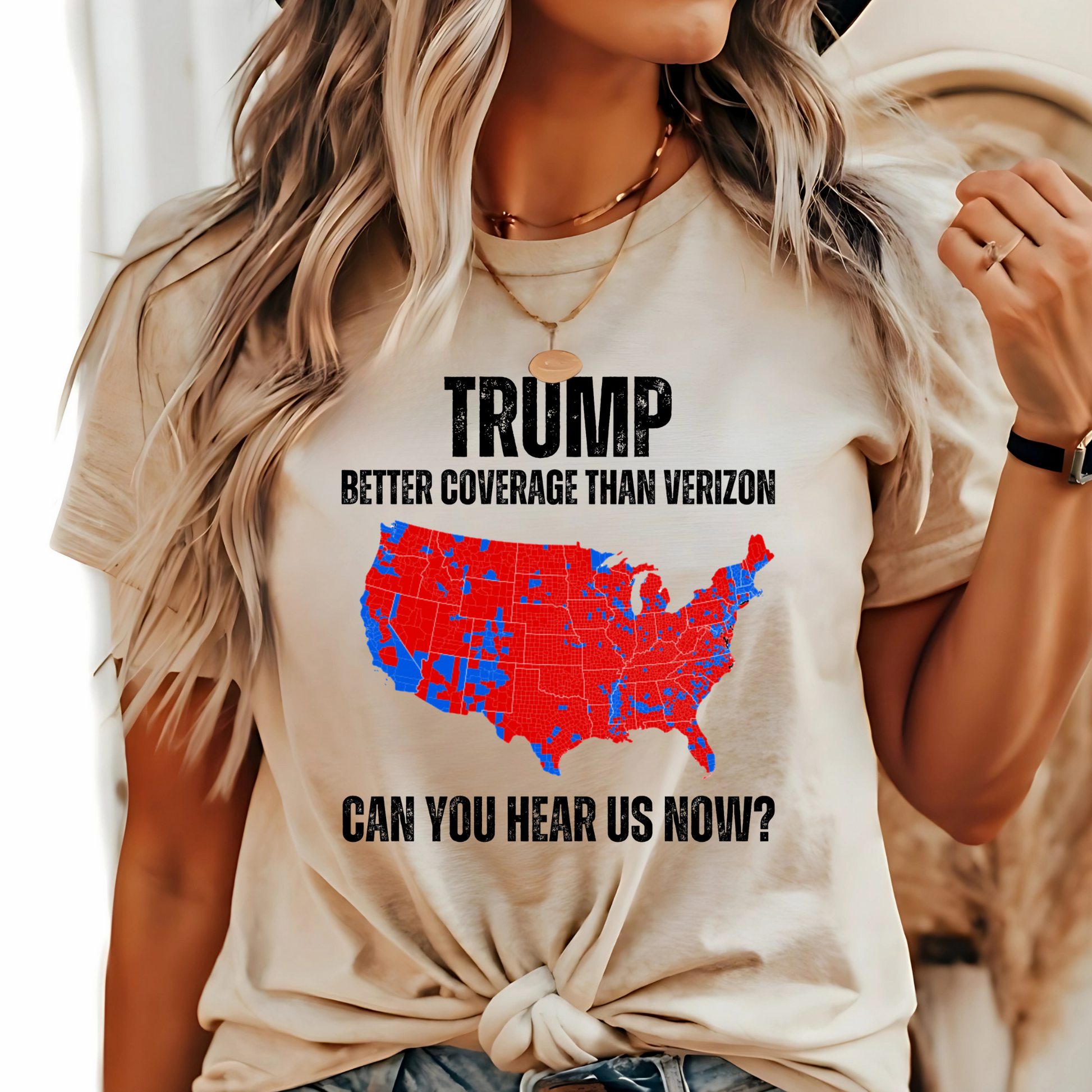 Sand-colored pro-Trump tee with map print worn by woman