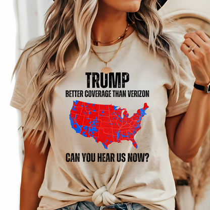 Sand-colored pro-Trump tee with map print worn by woman