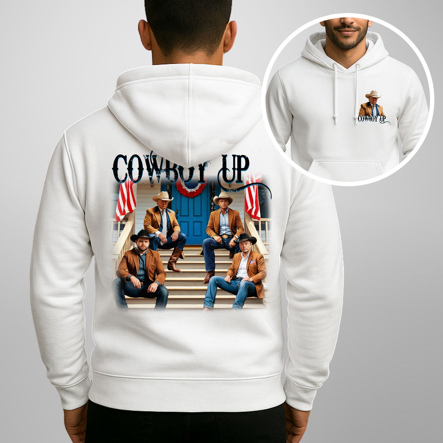 Front and back view of White ' Trump Cowboy Up' hoodie featuring a patriotic cowboy group design