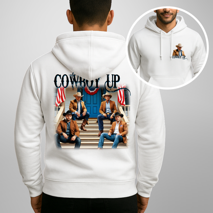 Front and back view of White ' Trump Cowboy Up' hoodie featuring a patriotic cowboy group design