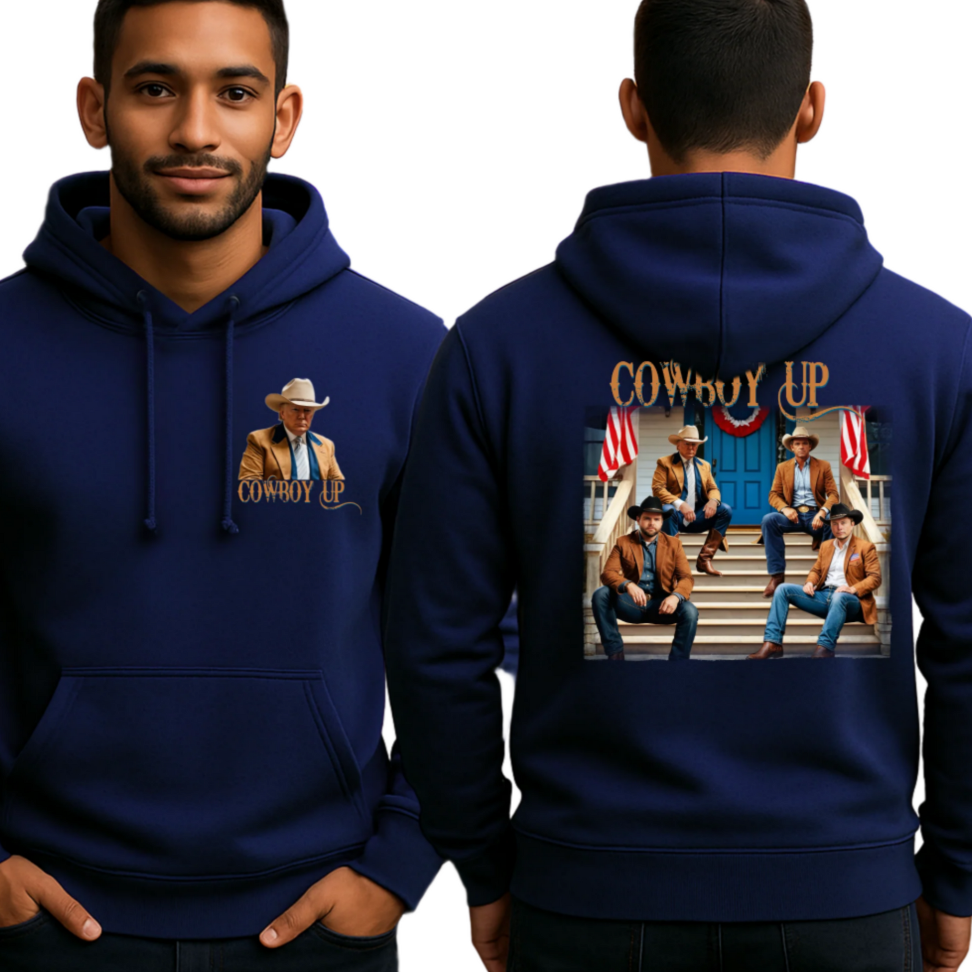 Front and back view of Navy  'Cowboy Up' hoodie featuring a patriotic cowboy group design