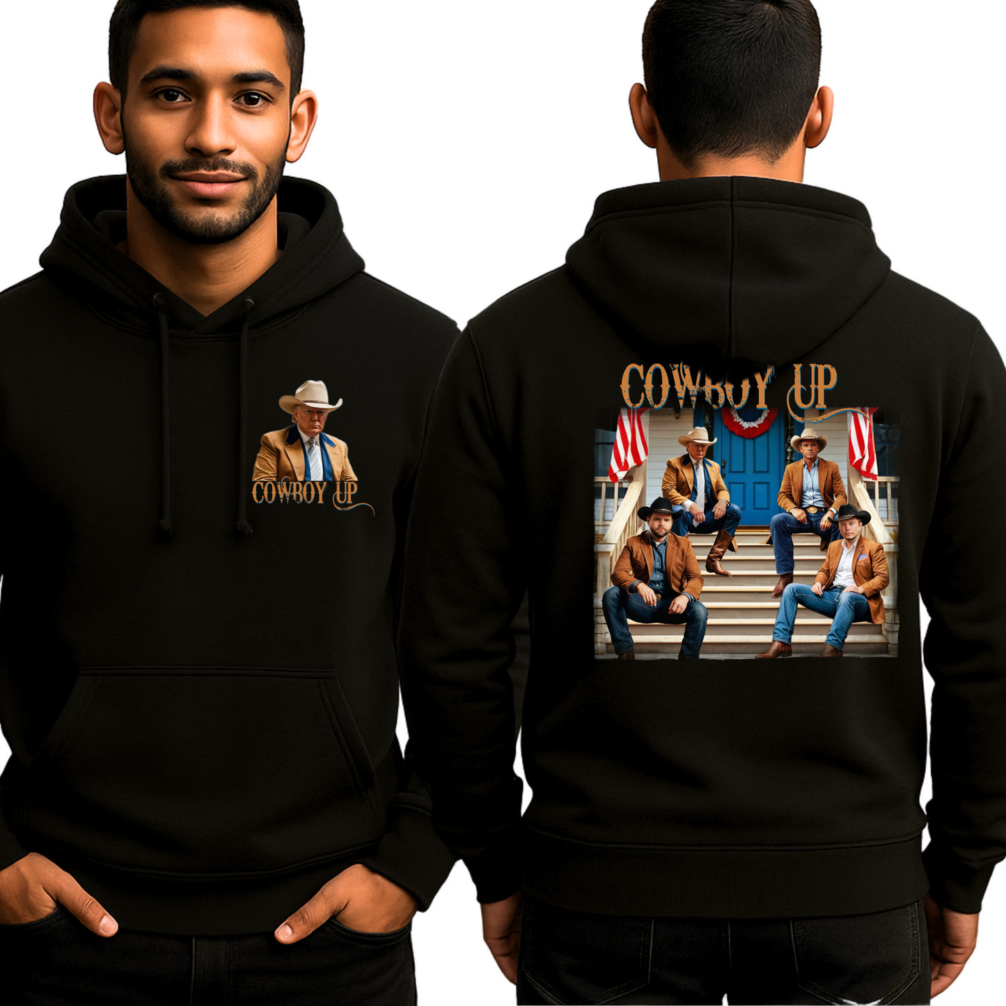 Front and back view of black 'Cowboy Up' hoodie featuring a patriotic cowboy group design