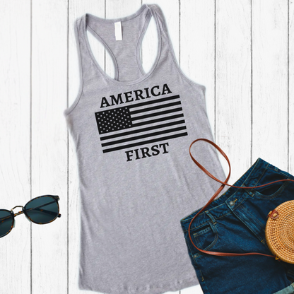 Gray racerback tank styled with shorts and sunglasses, featuring black America First flag print