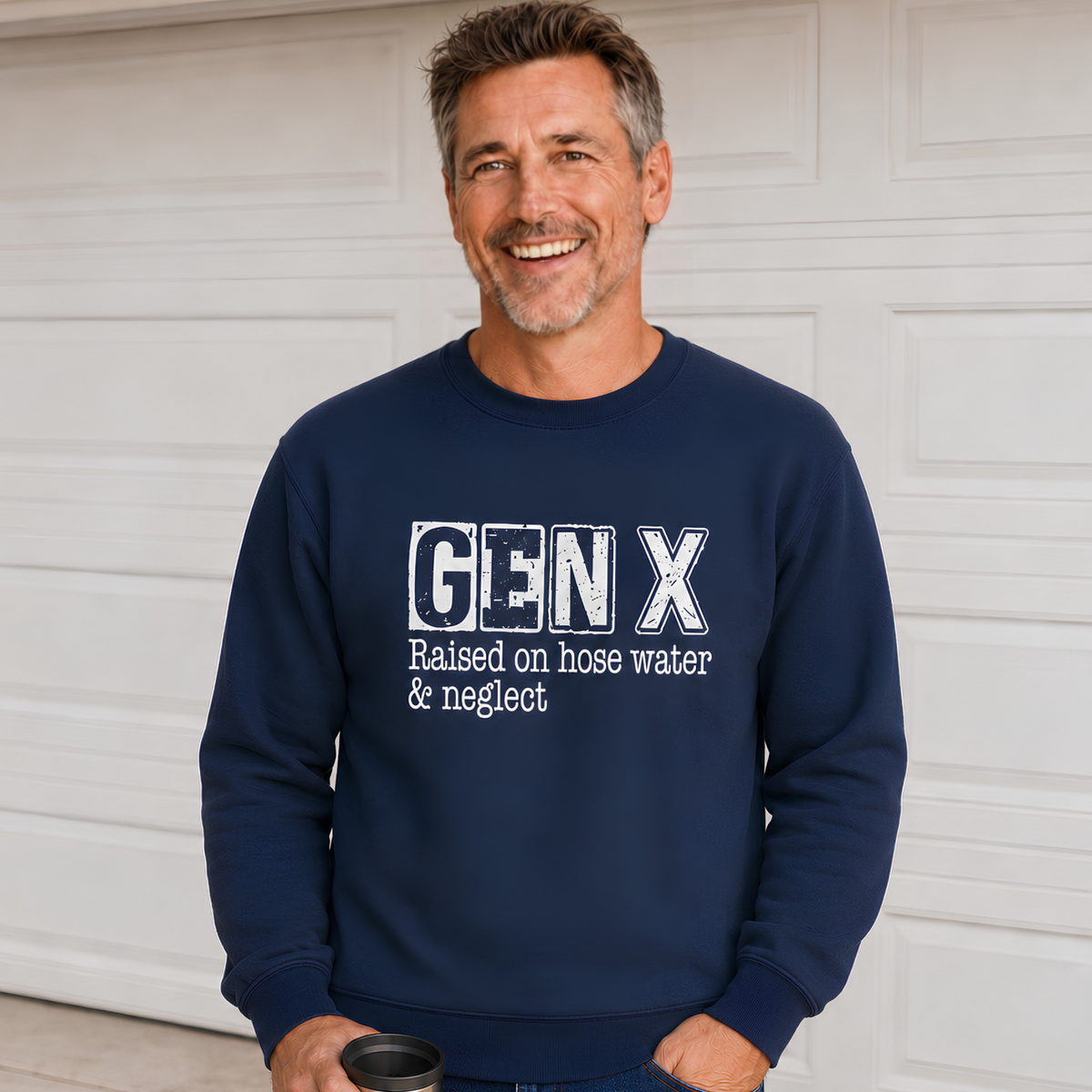 Man wearing a navy Gen X crewneck sweatshirt with distressed “Raised on hose water & neglect” lettering in front of a garage.