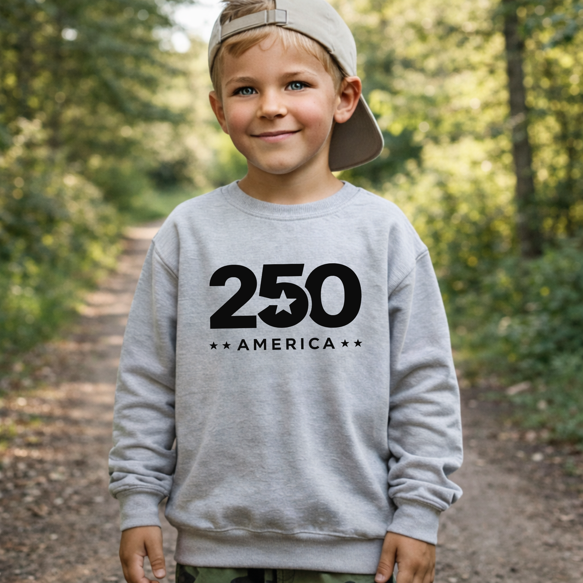 Child wearing a gray sweatshirt with '250 America' text in a forest setting
