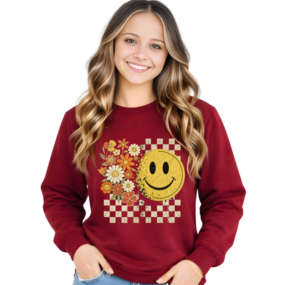 Girls Checkered Floral Happy Face Youth Shirt & Sweatshirt
