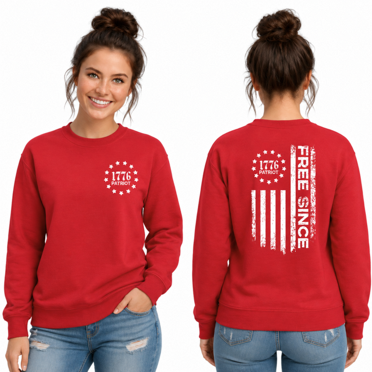 Front and back views of a red crewneck sweatshirt with a white 1776 Patriot chest emblem and distressed Free Since flag graphic
