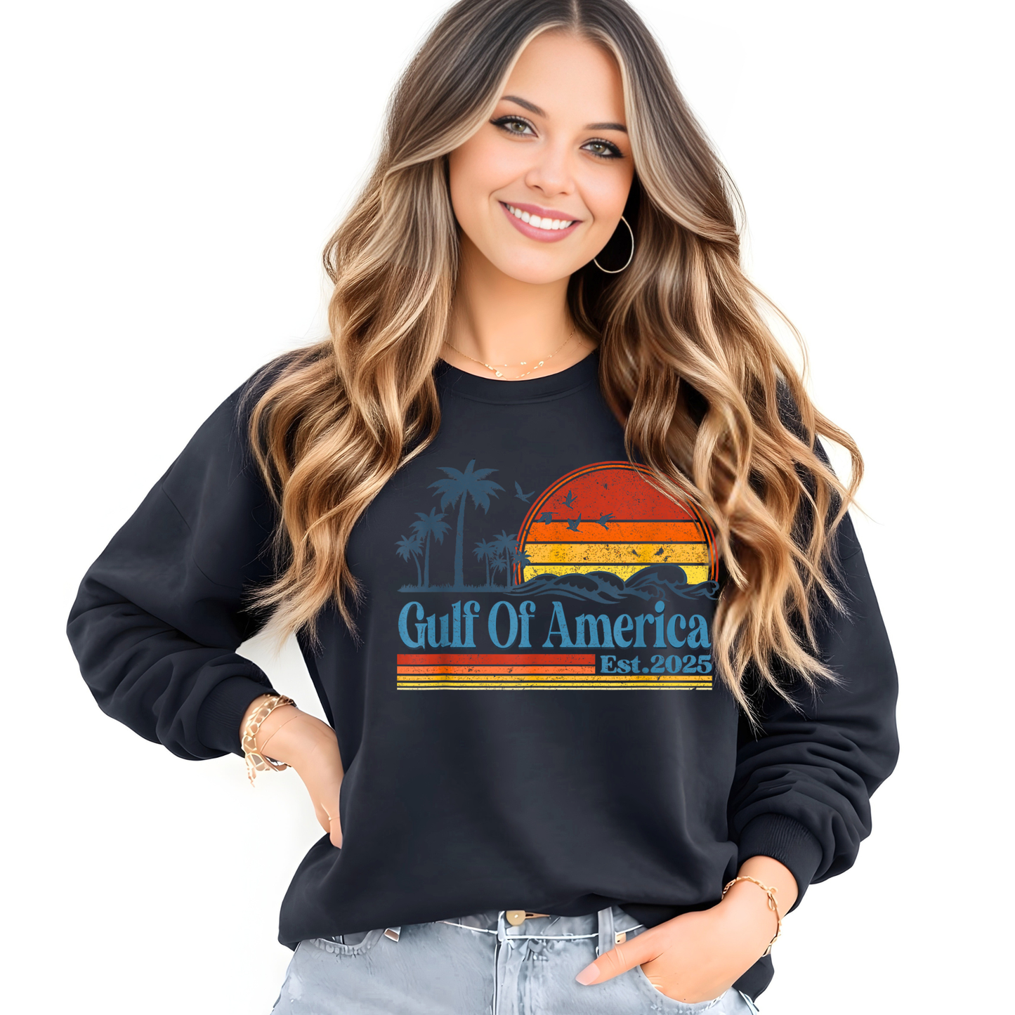 Woman wearing a black sweatshirt with 'Gulf Of America Est. 2025' design on a white background