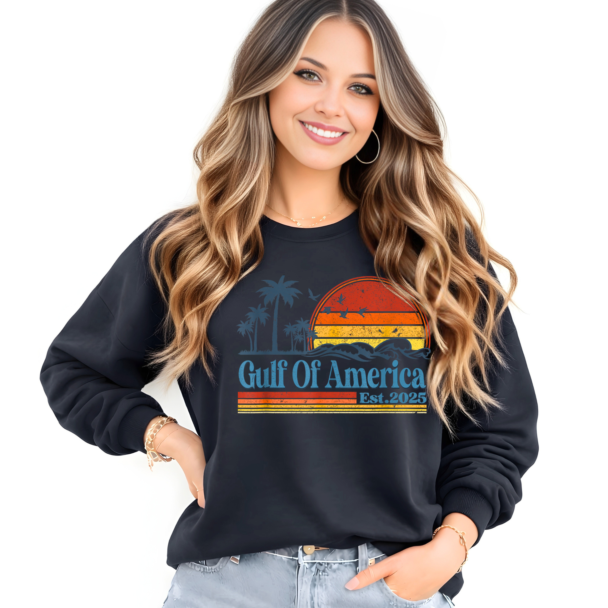 Woman wearing a black sweatshirt with 'Gulf Of America Est. 2025' design on a white background