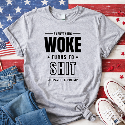 Gray t-shirt with a printed message on an American flag background