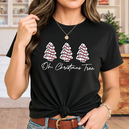 Stylish woman wearing a Black “Oh Christmas Tree” women’s unisex Christmas t-shirt with fun holiday tree design.