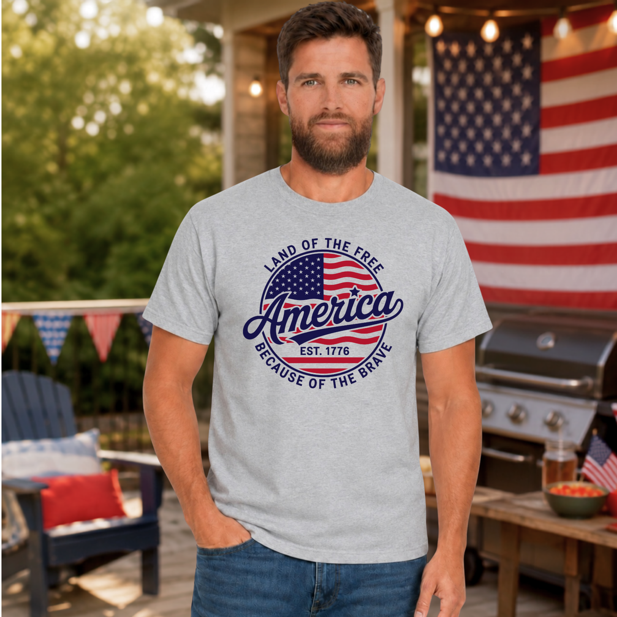 Male model wearing a sports gray T-shirt with a red, white, and blue circular America graphic at a patriotic backyard barbecue with an American flag in the background.