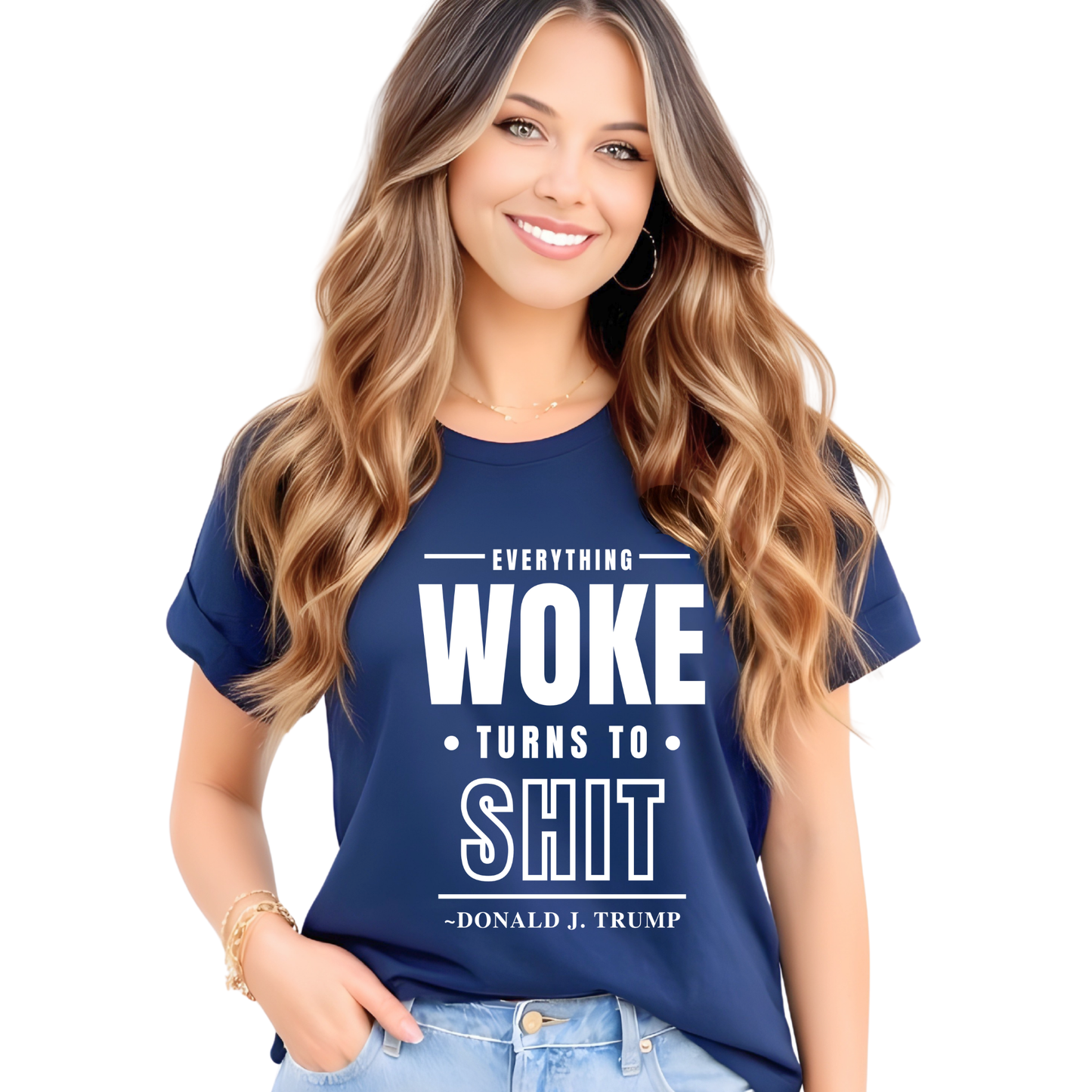 Woman wearing a blue t-shirt with a controversial quote on a white background