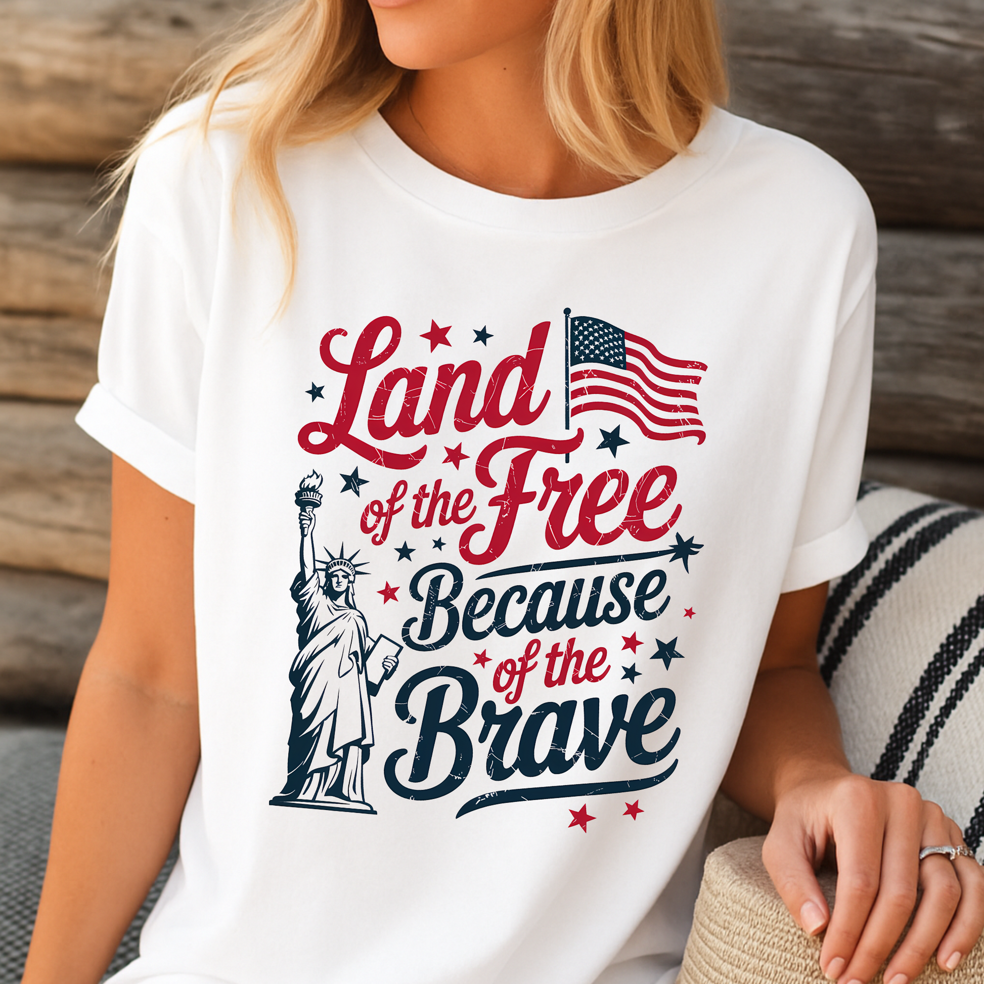 Woman lounging in a white shirt with bold patriotic text
