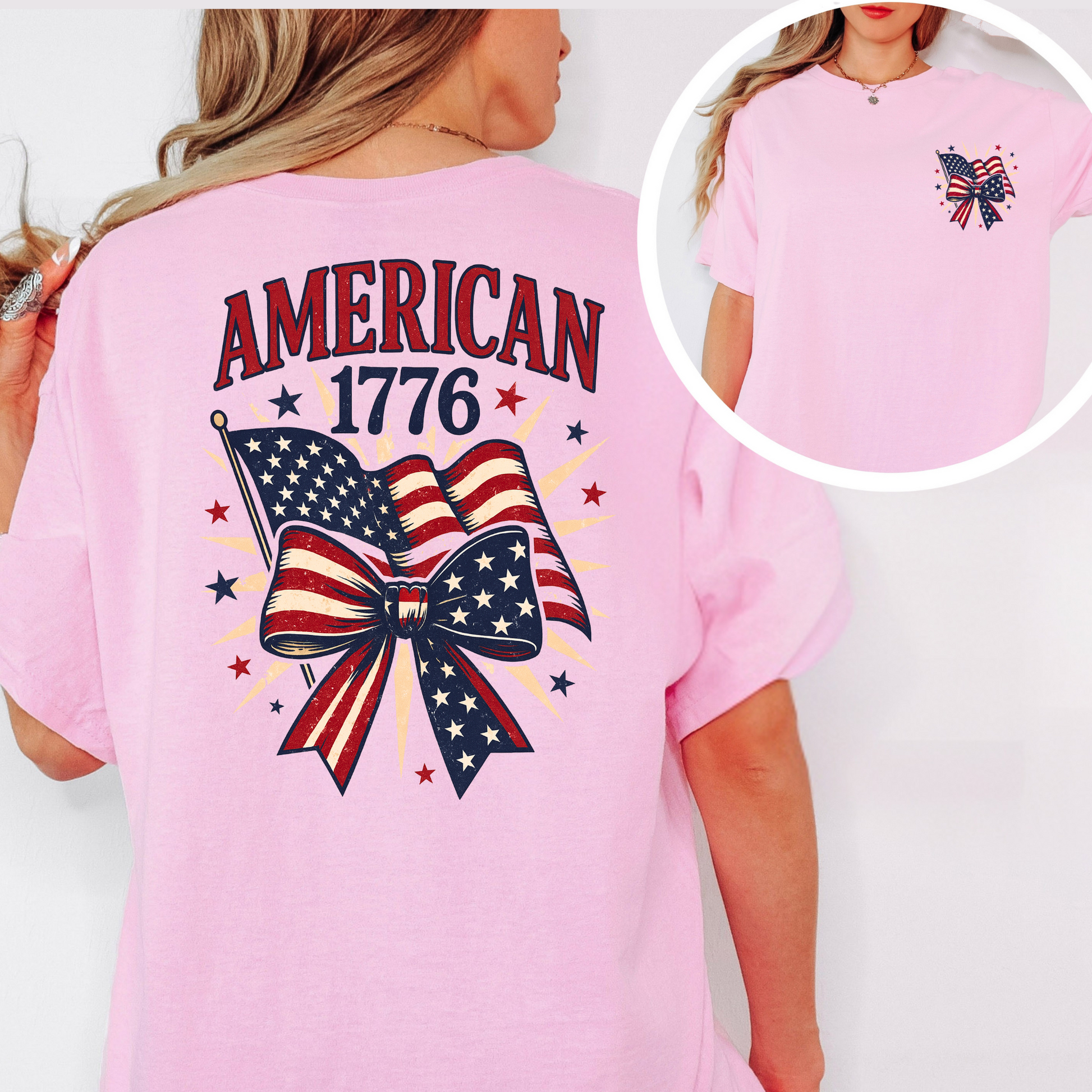 Light pink American 1776 shirt for women – front chest and back flag bow design