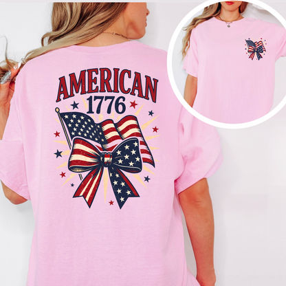 Light pink American 1776 shirt for women – front chest and back flag bow design