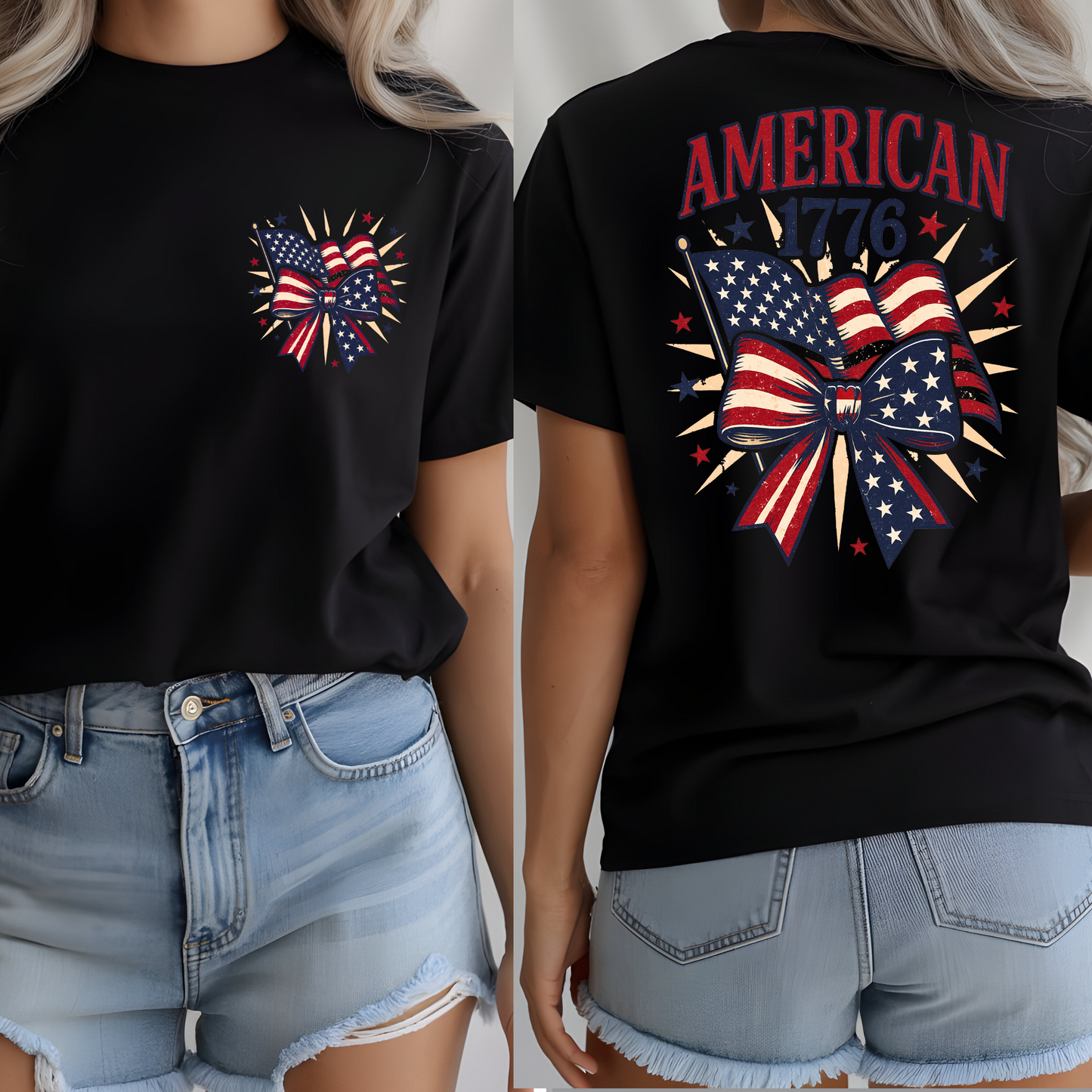Black double-sided patriotic bow shirt for women – front and back

