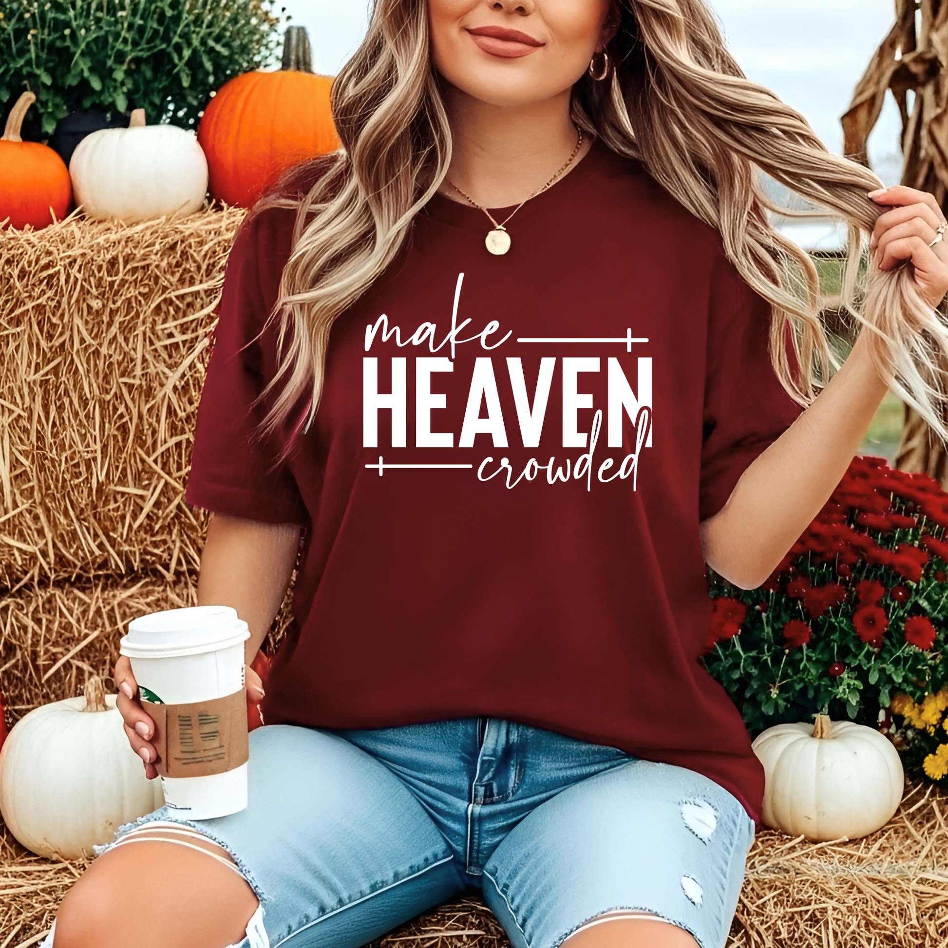 Maroon “Make Heaven Crowded” T-Shirt – Christian Fall Outfit Idea