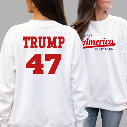 Trump 47 America graphic white sweatshirt front and back view – unisex crewneck