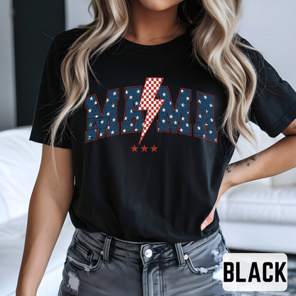 black MAMA USA T-shirt with patriotic stars and red lightning bolt, bold graphic design