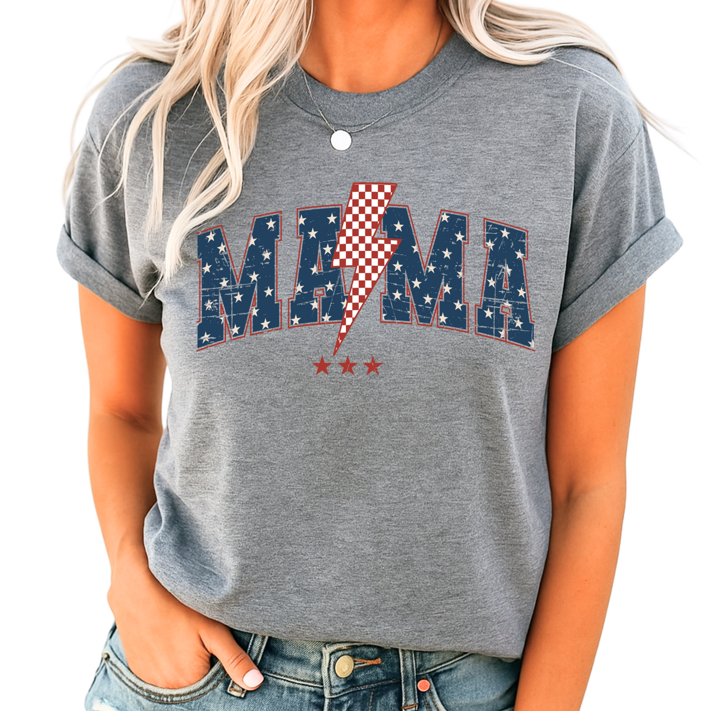 Sport gray MAMA USA T-shirt with star-studded lettering and red lightning bolt, unisex patriotic fit
