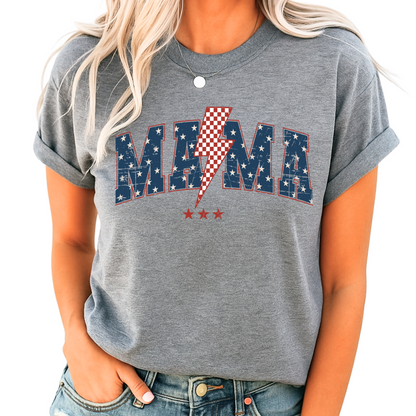 Sport gray MAMA USA T-shirt with star-studded lettering and red lightning bolt, unisex patriotic fit