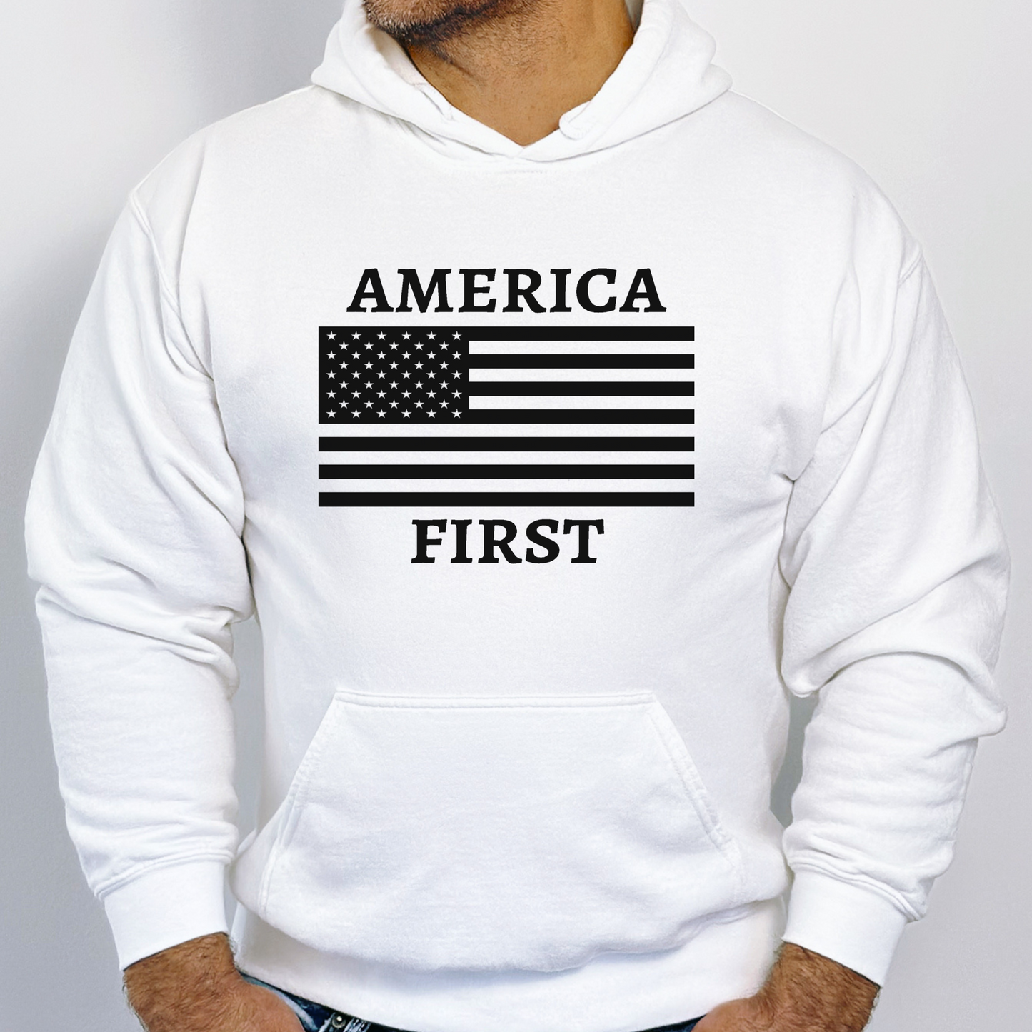 White America First hoodie for men – patriotic flag print