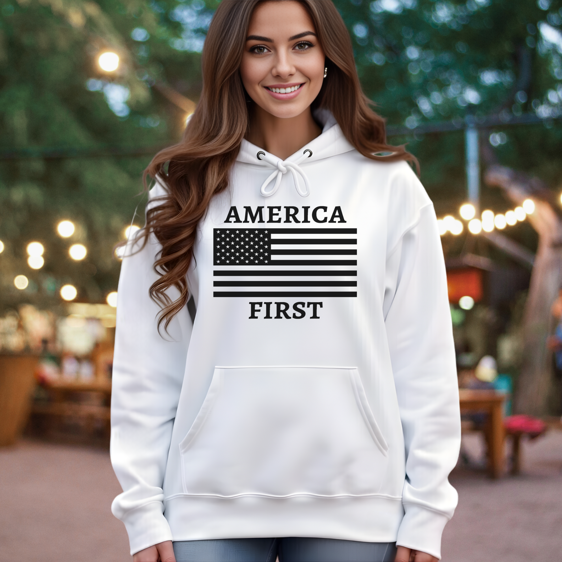White America First patriotic women’s unisex hoodie with black American flag graphic