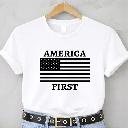 White America First patriotic women’s unisex t-shirt with black American flag graphic on hanger