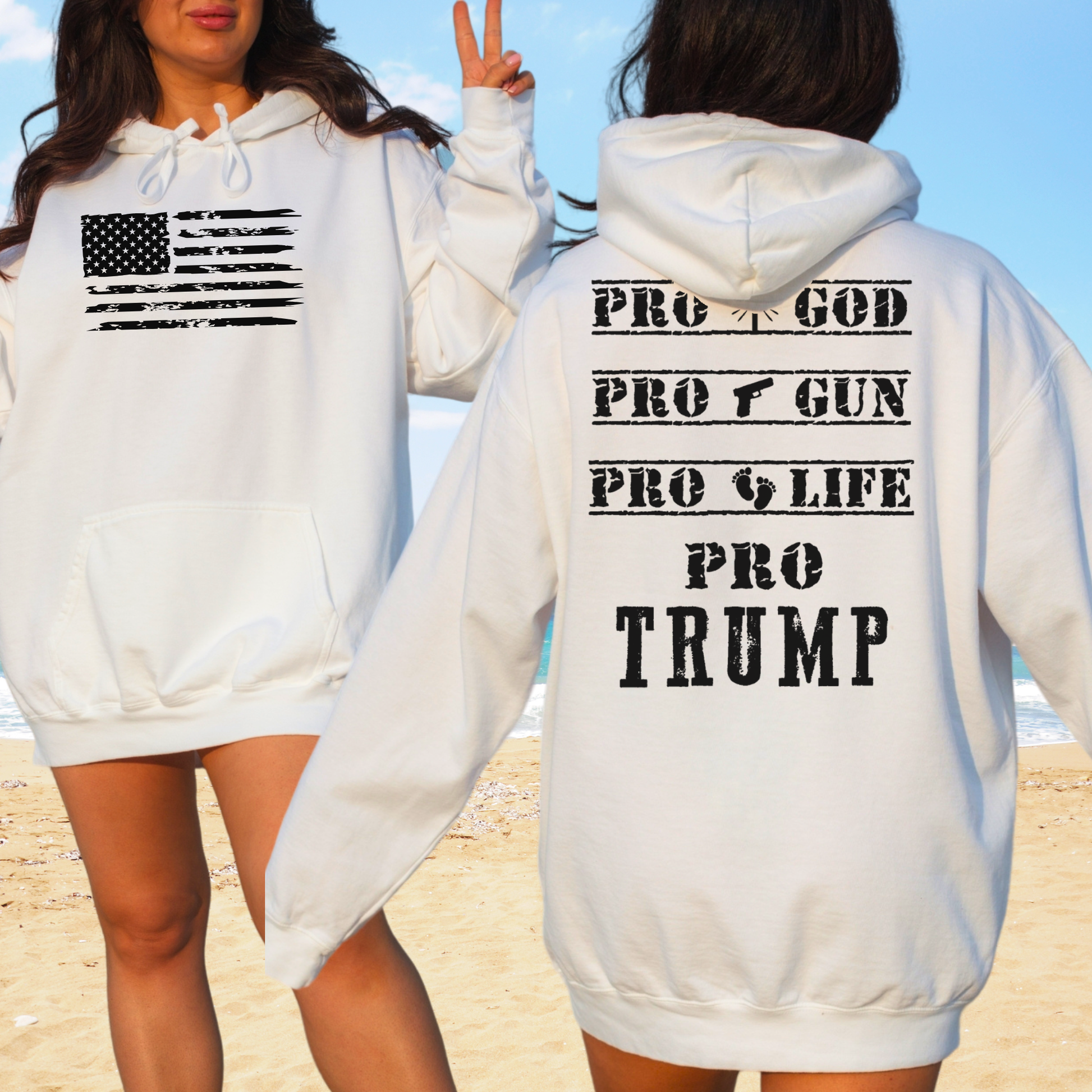 White sweatshirt with American flag on front and 'PRO GOD PRO GUN PRO LIFE PRO TRUMP' text on back