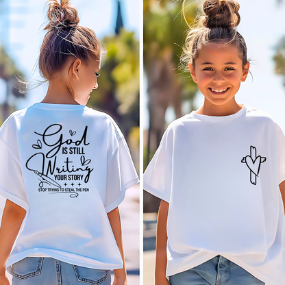 White Christian tee for girls with cross and quote back print