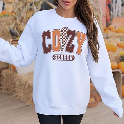 White Cozy Season sweatshirt with checker lightning bolt, cozy fall outfit