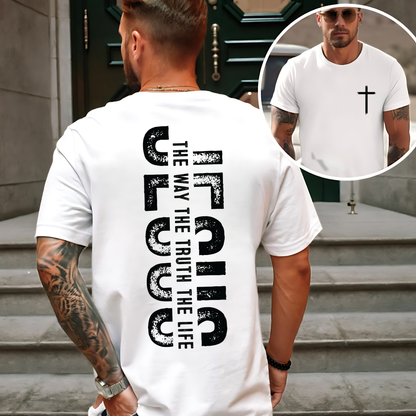 White men’s T-shirt with small front cross and large vertical JESUS graphic back print