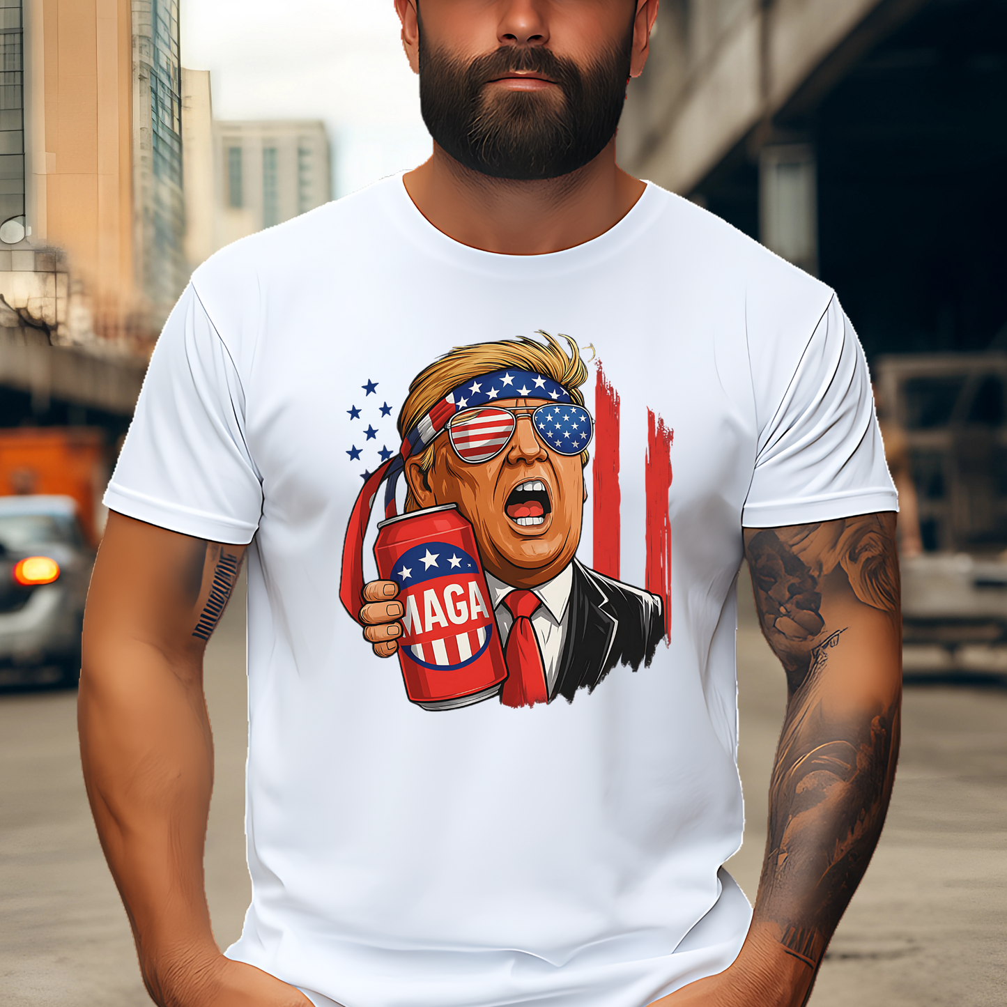 White shirt mockup: Donald Trump holding MAGA beer on white men’s tee, American flag background, great for pro-America supporters.