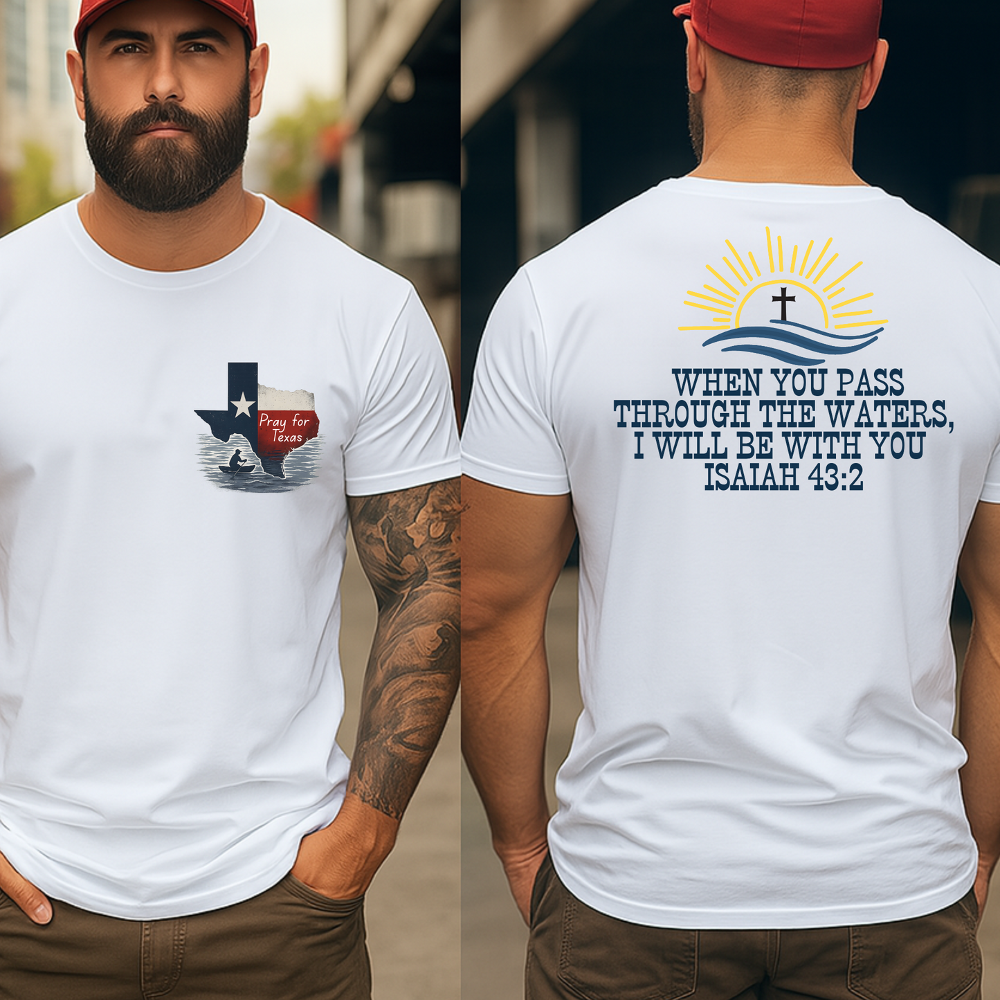 White Pray for Texas T-shirt with front state graphic and back Isaiah 43:2 Bible verse – unisex Christian flood relief shirt
