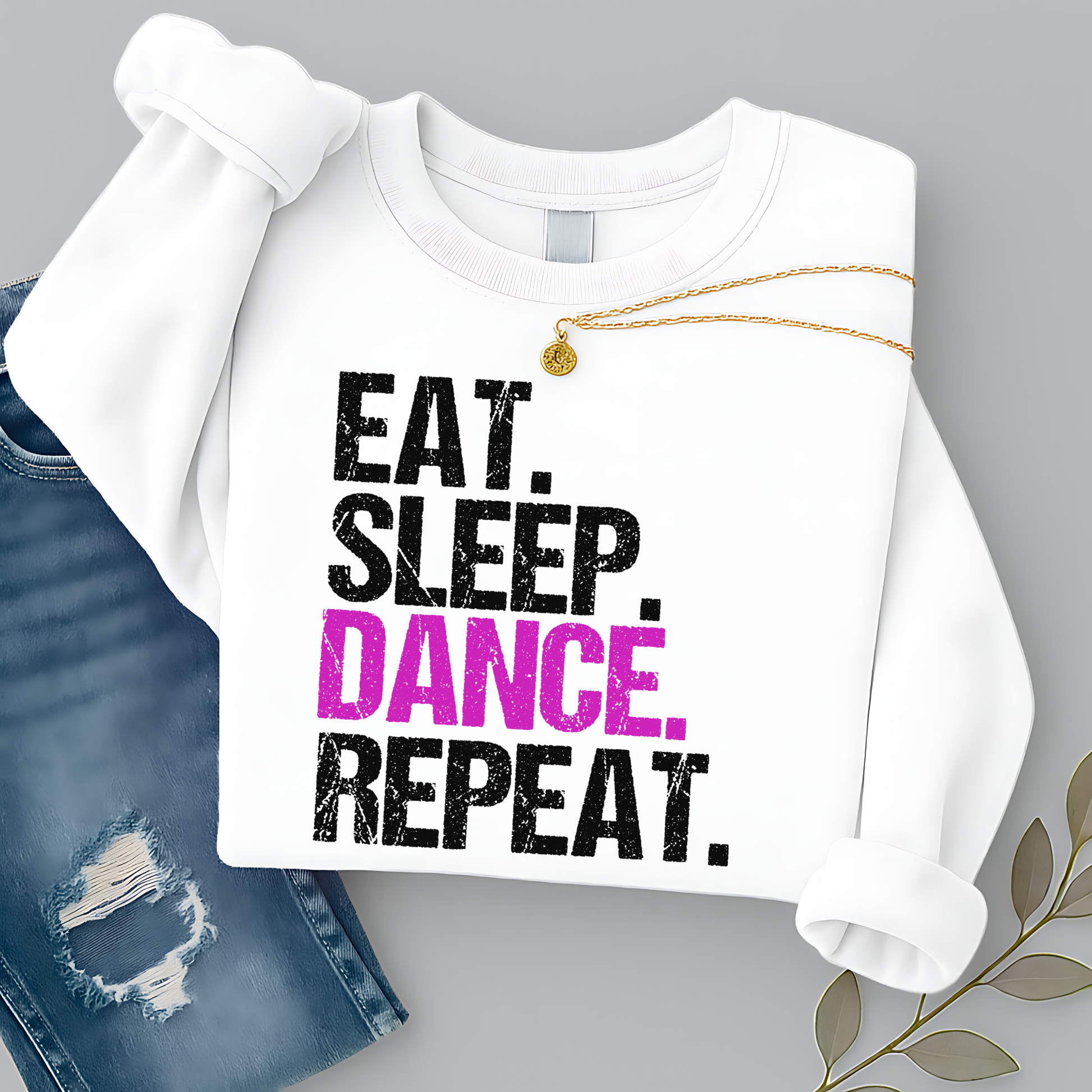 Flat lay White youth dance sweatshirt with bold distressed “Eat Sleep Dance Repeat” graphic, cozy girls dancer crewneck.