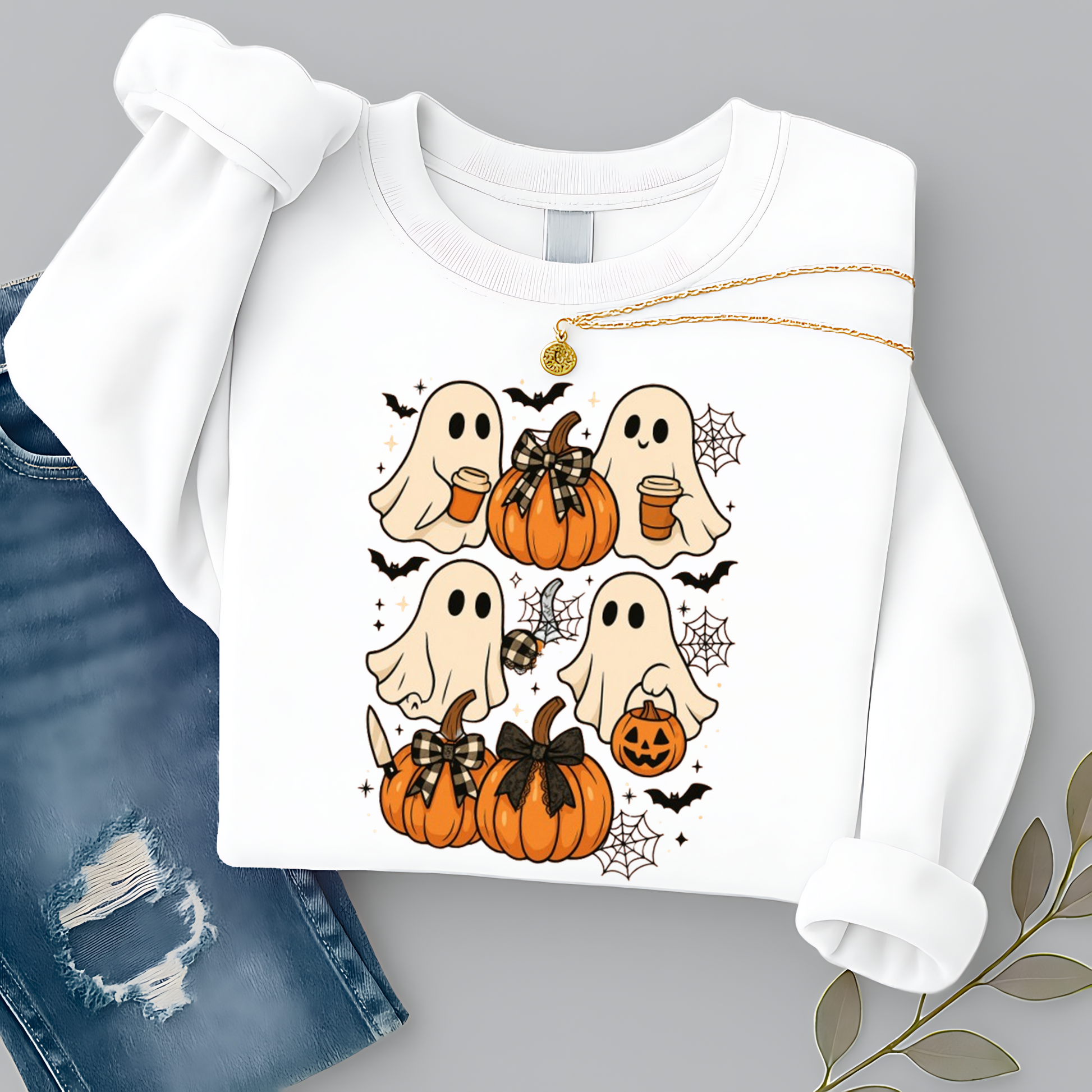 White Halloween ghost sweatshirt with pumpkins, bats, cobwebs, and coffee cup graphics. Perfect cozy fall crewneck for pumpkin spice lovers, trick-or-treat outings, or casual autumn style.