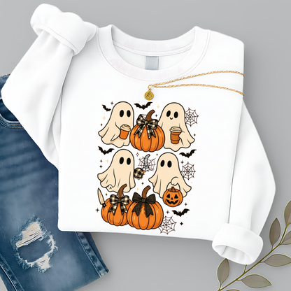 White Halloween ghost sweatshirt with pumpkins, bats, cobwebs, and coffee cup graphics. Perfect cozy fall crewneck for pumpkin spice lovers, trick-or-treat outings, or casual autumn style.