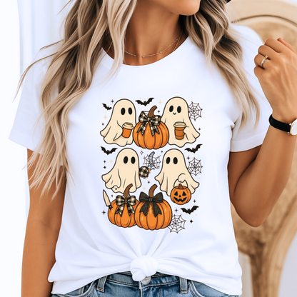 White Halloween T-shirt with cute ghost and pumpkin design. Perfect spooky season tee for women, styled with a knot tie for a trendy fall outfit. Ideal for pumpkin patch trips or Halloween celebrations.
