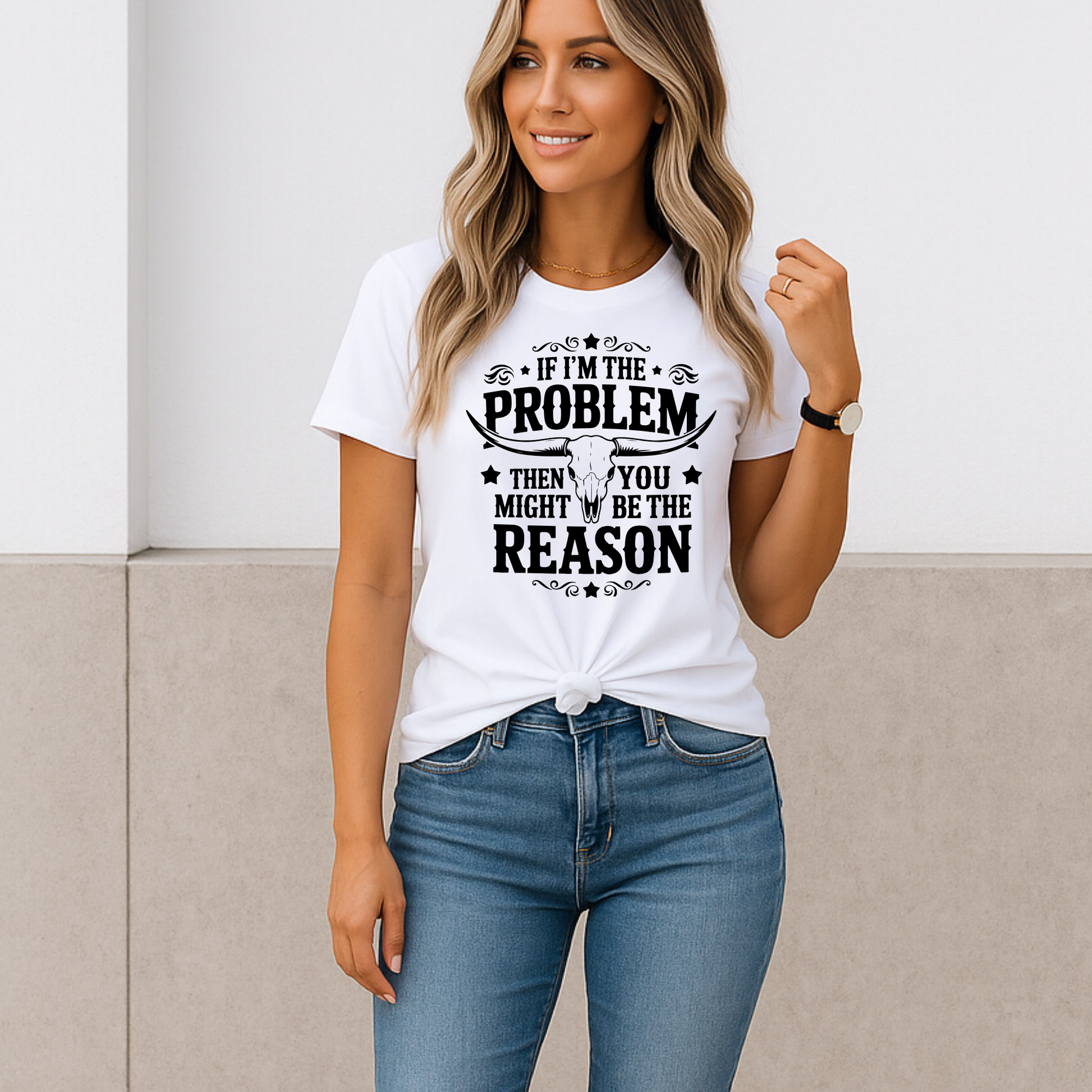 White T-shirt mockup – woman standing outside with casual country style tee