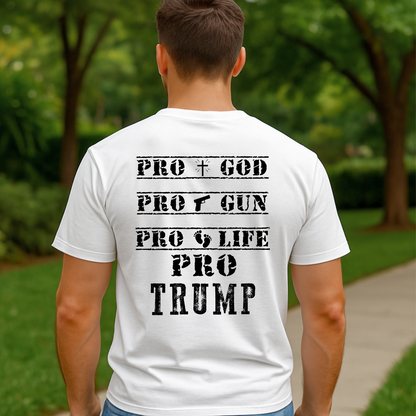 White T-shirt with Black distressed American flag front and pro-values back design