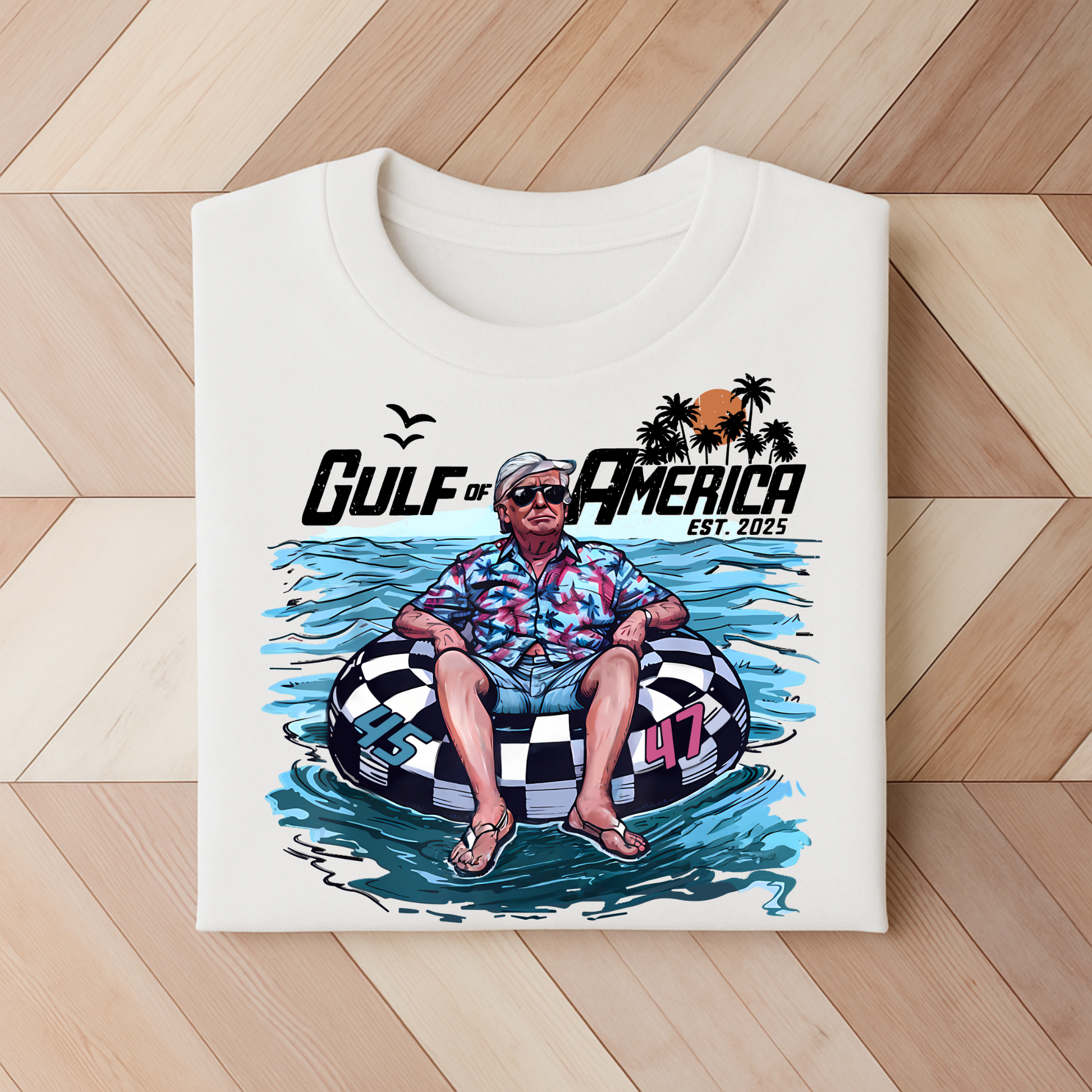 White T-shirt with summer retro beach graphic and palm tree design