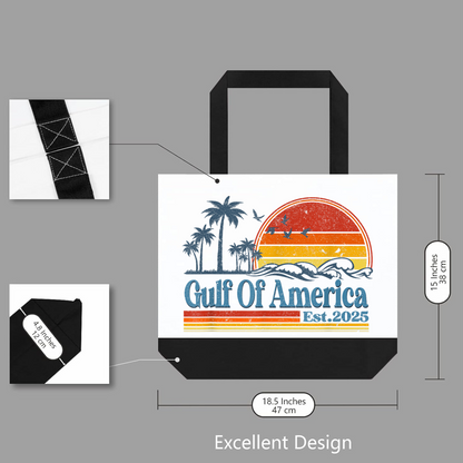 White and black tote bag with patriotic print size chart