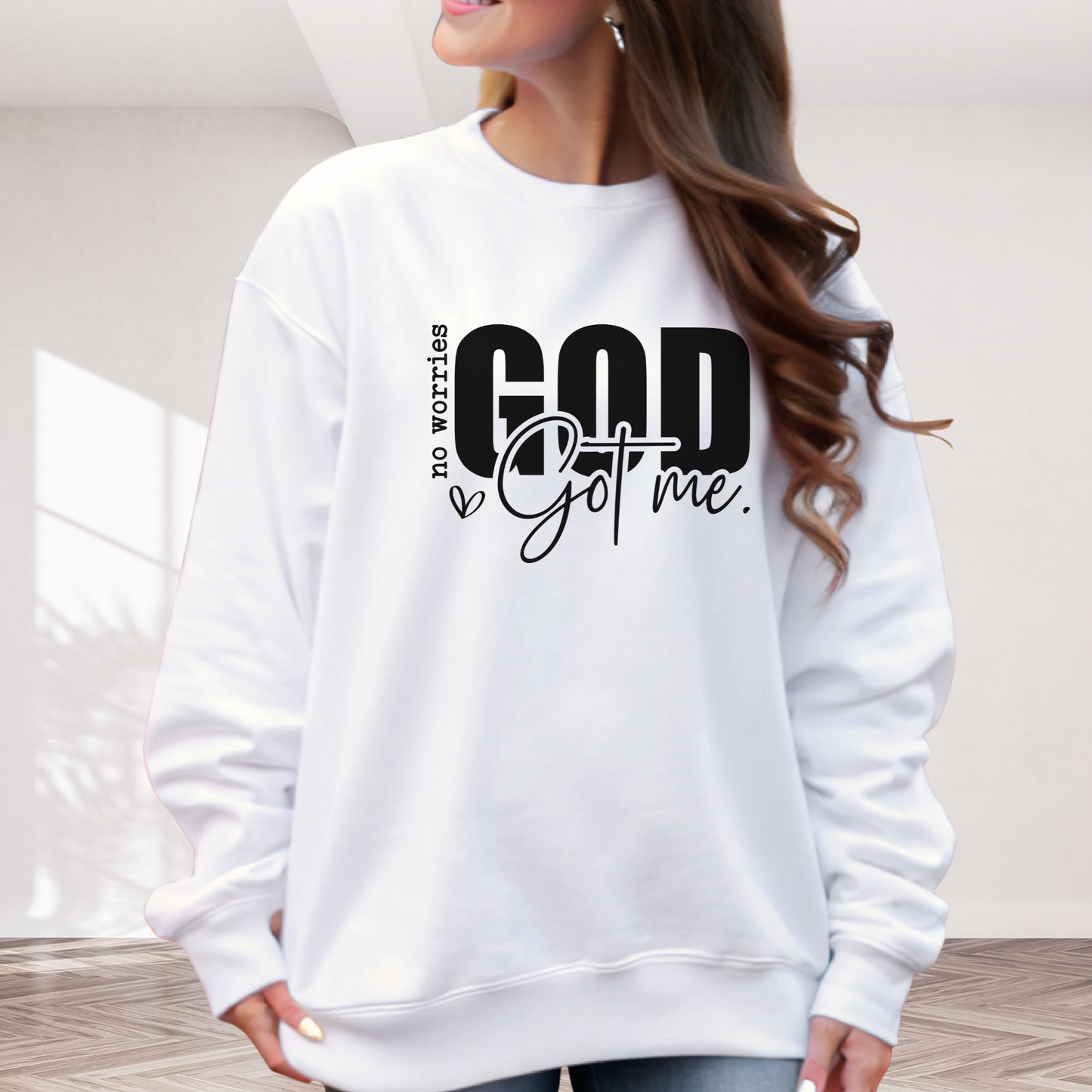 White crewneck sweatshirt indoor lifestyle with No Worries God Got Me