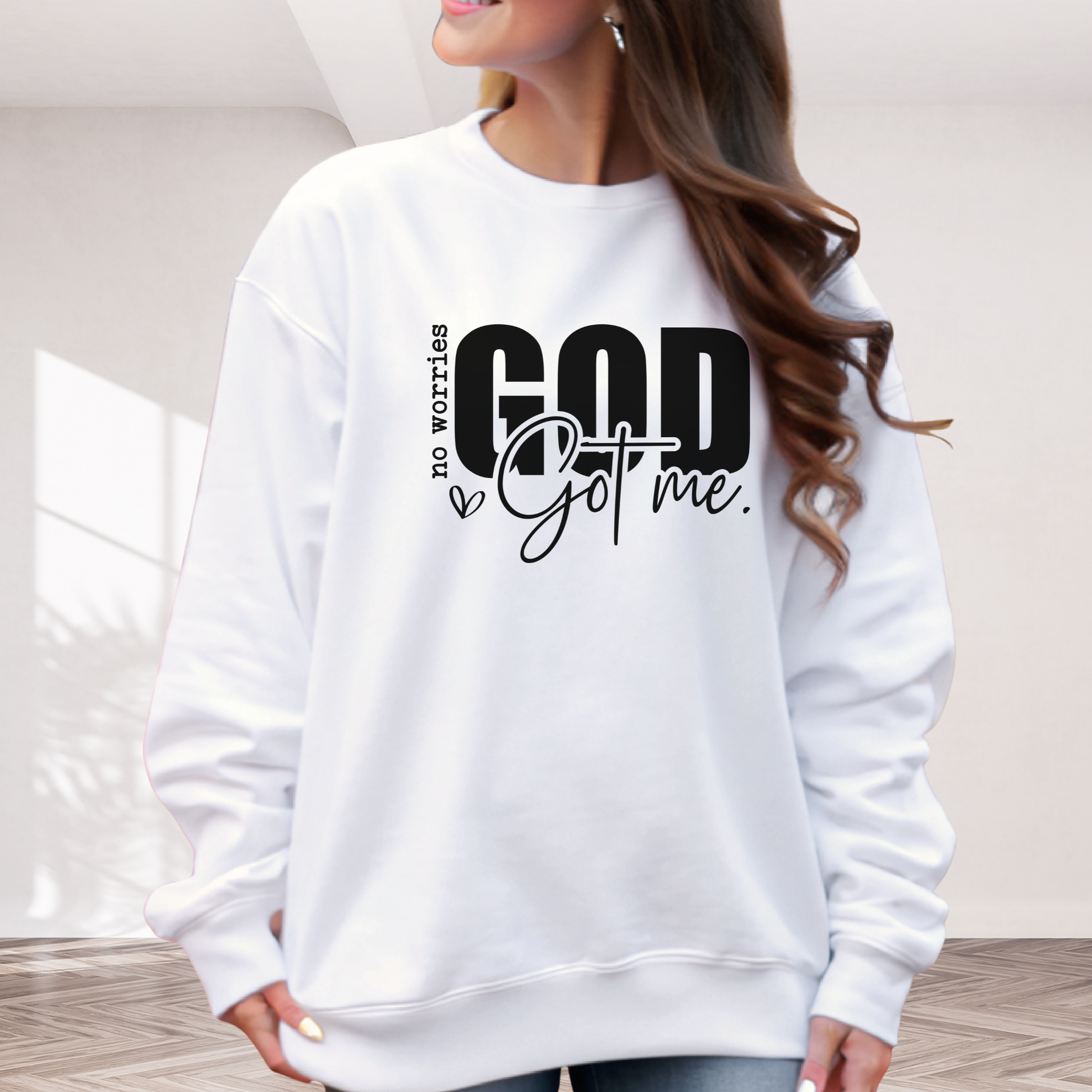 White crewneck sweatshirt indoor lifestyle with No Worries God Got Me