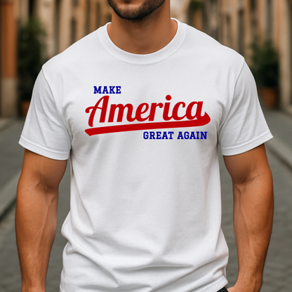 White front view of men’s T-shirt with patriotic, bold red and blue text graphic design